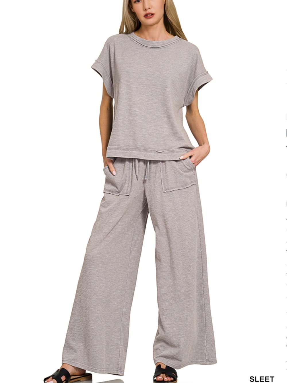 Zenana Slub Knit Wide-Leg Lounge Pants Set- Acid Wash Sleet Gray - Picture 2 of 2